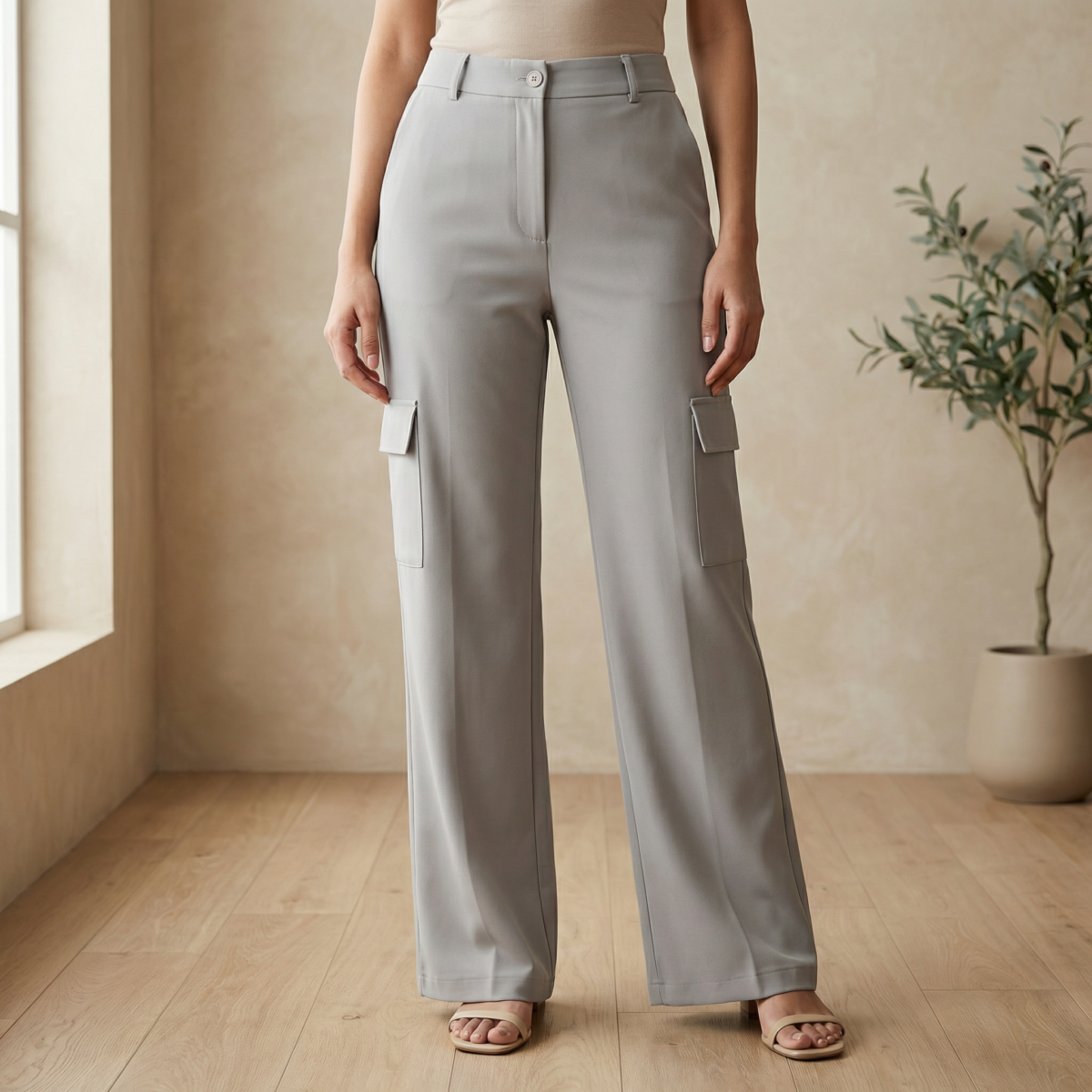 Light Grey Wide-Leg Cargo Trousers – Mid Rise Tailored Fit - Image 4