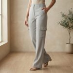 Light Grey Wide-Leg Cargo Trousers – Mid Rise Tailored Fit