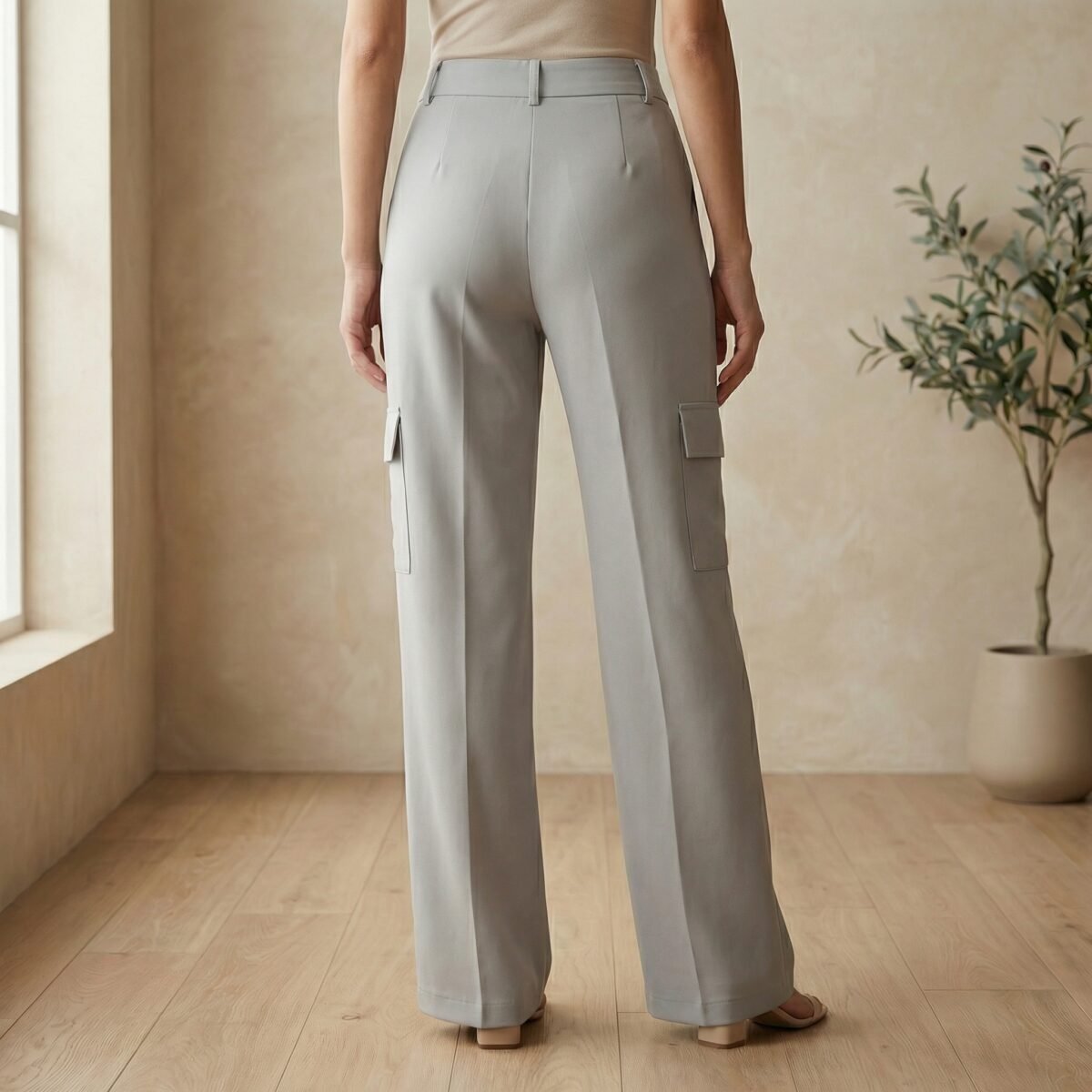 Light Grey Wide-Leg Cargo Trousers – Mid Rise Tailored Fit - Image 3