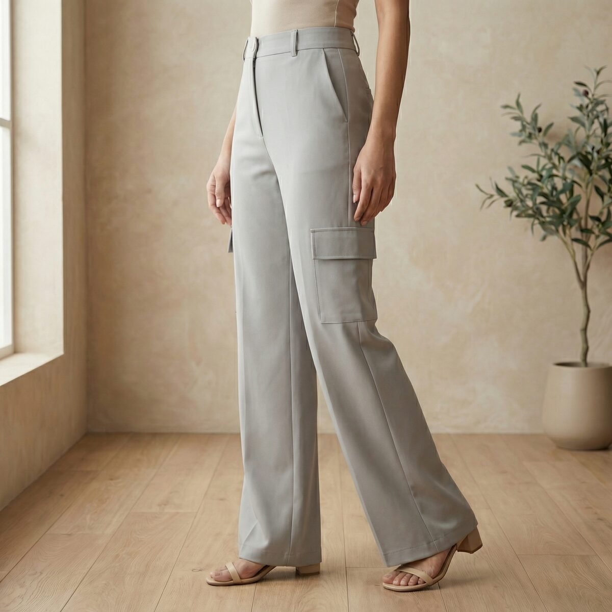 Light Grey Wide-Leg Cargo Trousers – Mid Rise Tailored Fit - Image 2