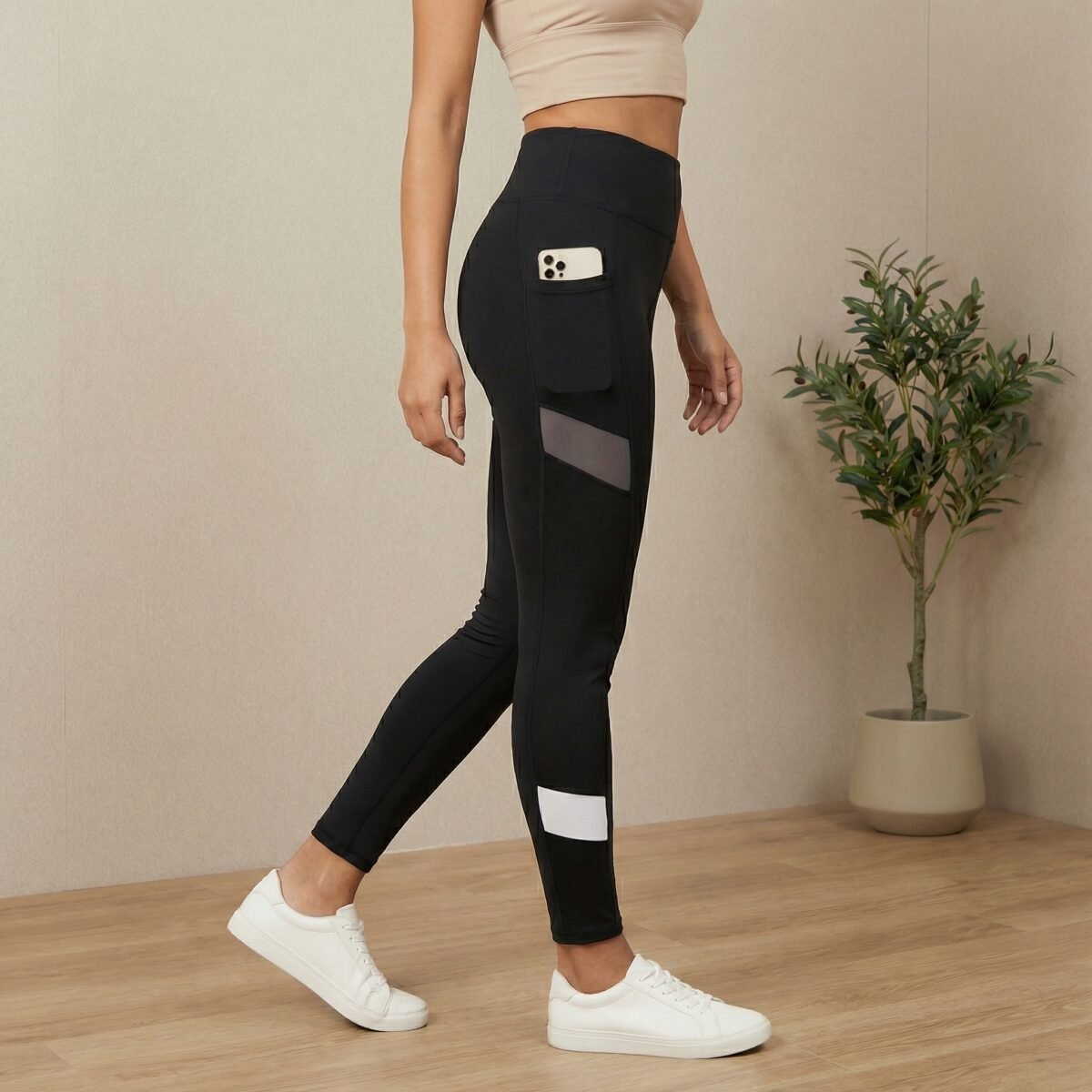 High Waist Women’s Black Workout Leggings with Phone Pocket - Image 2
