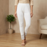 White Floral Lace Hem Stretch Leggings – High Waist Slim Fit