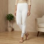 White Floral Lace Hem Stretch Leggings – High Waist Slim Fit - Image 3