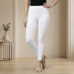 Solid White High-Waist Stretch Cotton Leggings – Ankle Length Slim Fit