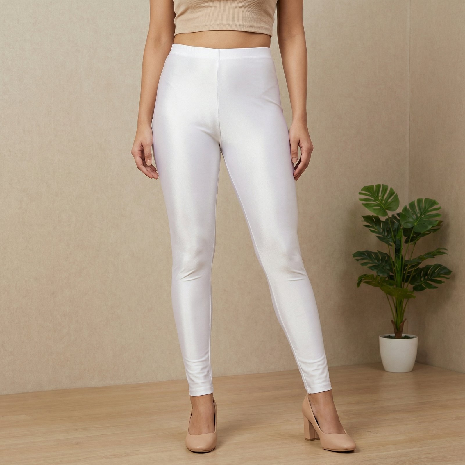 hf_20260224_065551_d1440060-4780-42e8-9b55-b195532254b1 Premium White Stretch Shiner Leggings For Girls And Women’s - Image 1