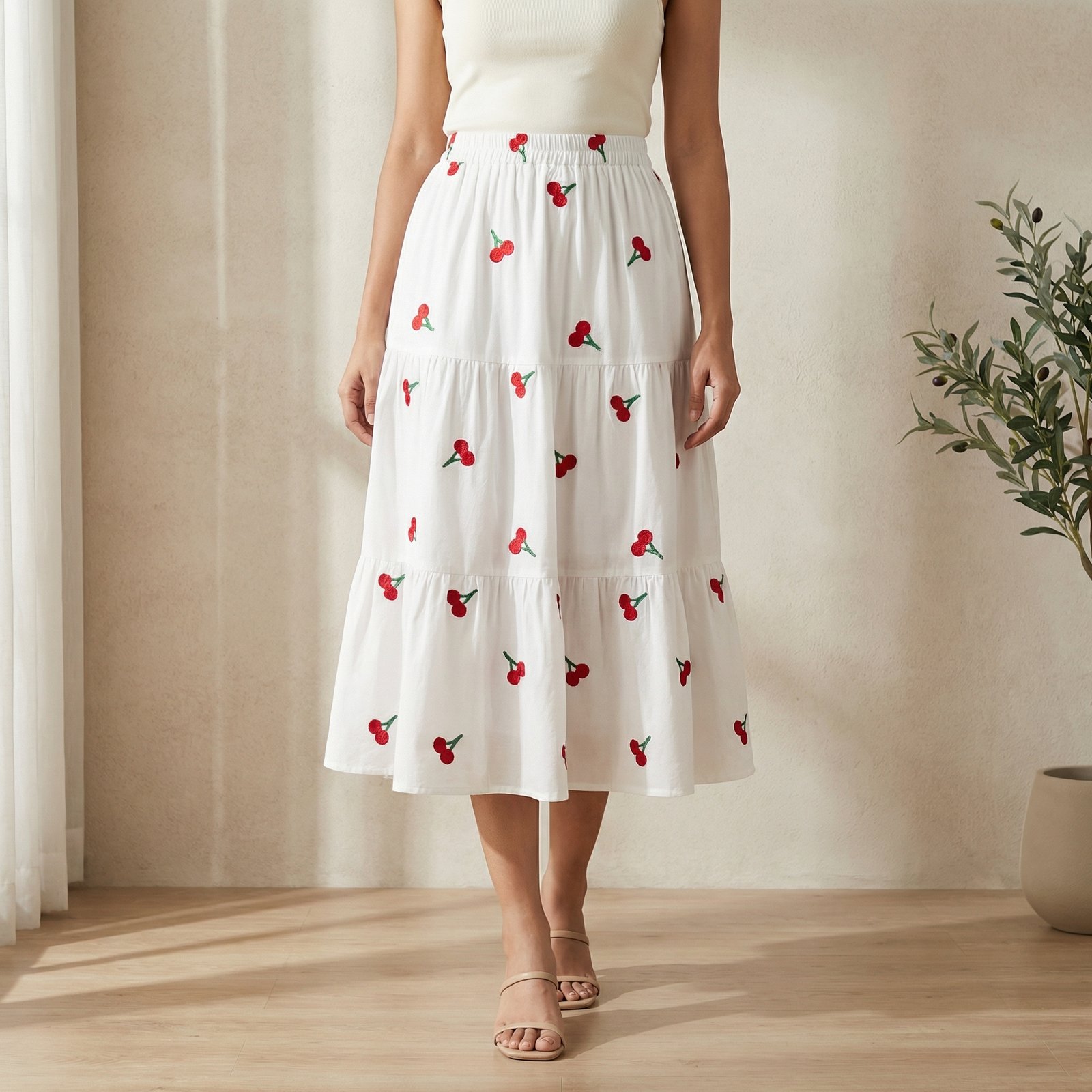 hf_20260224_073949_05591f61-a460-4a1f-97f5-789ca1169f03 White Cherry Embroidered Tiered Cotton Midi Skirt for Girls - Image 1