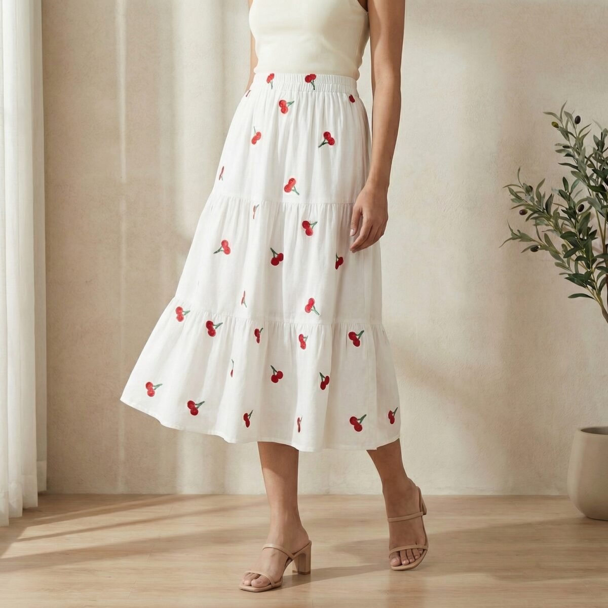 White Cherry Embroidered Tiered Cotton Midi Skirt for Girls - Image 2