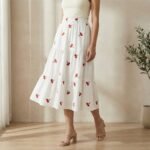 White Cherry Embroidered Tiered Cotton Midi Skirt for Girls - Image 2