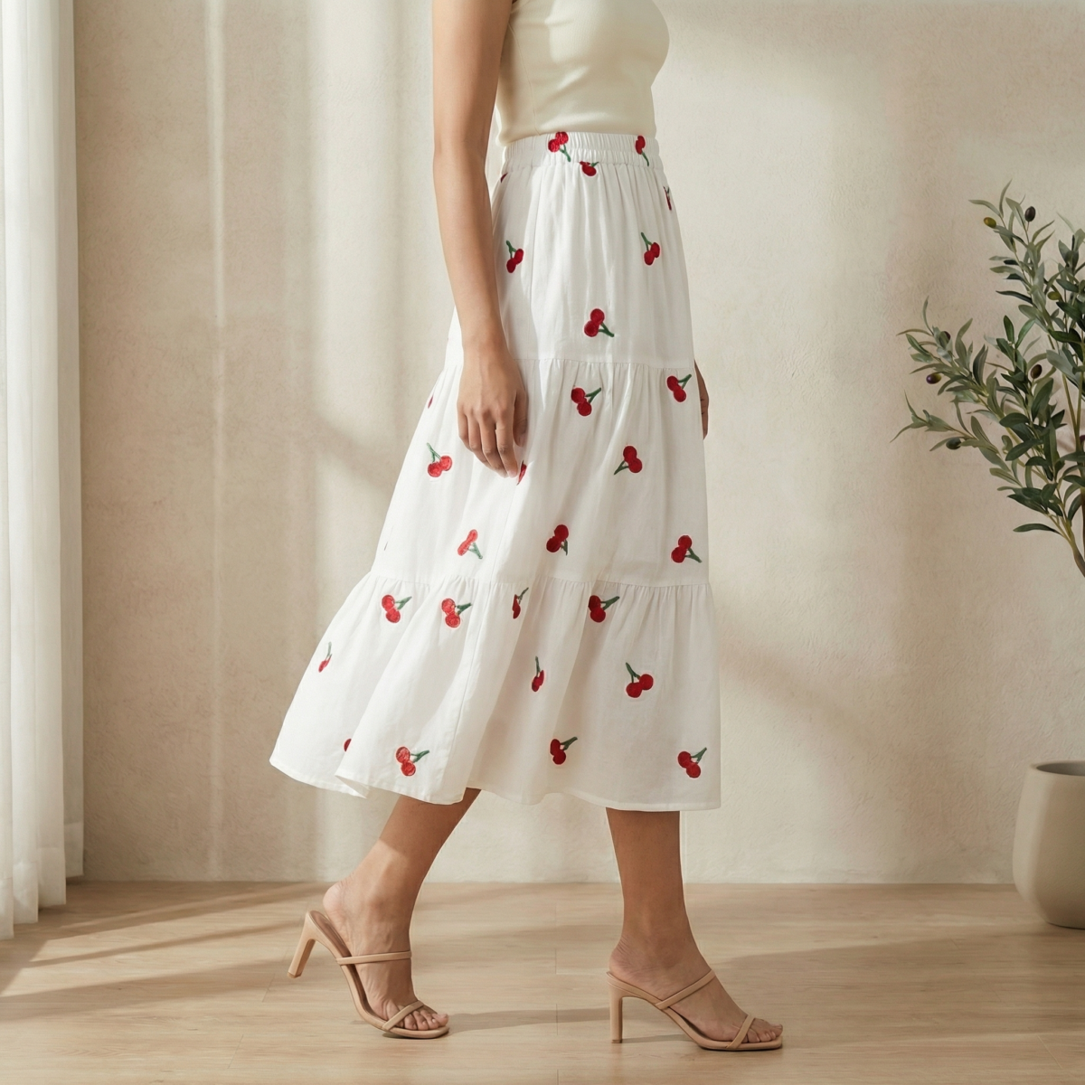 White Cherry Embroidered Tiered Cotton Midi Skirt for Girls - Image 3