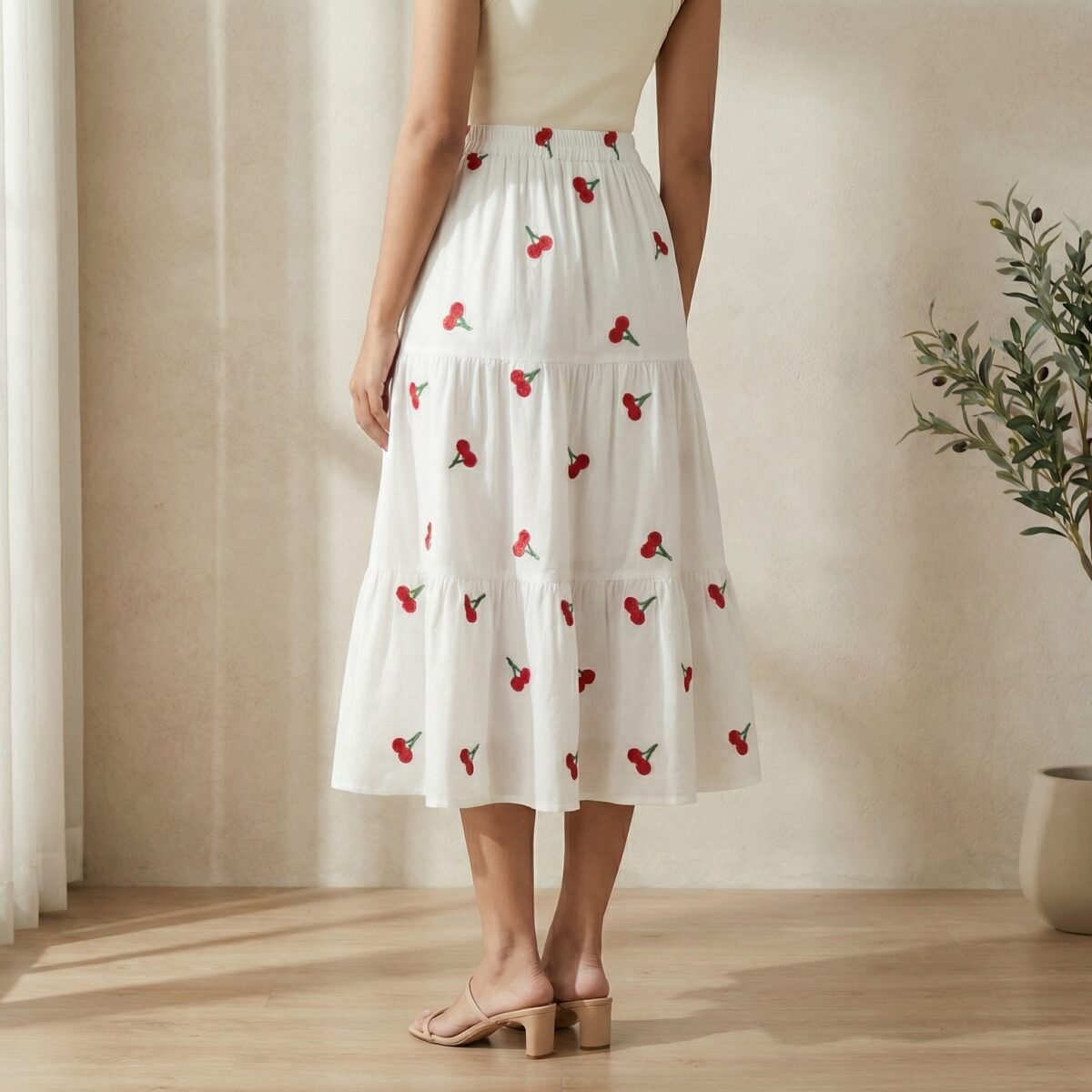 White Cherry Embroidered Tiered Cotton Midi Skirt for Girls - Image 4
