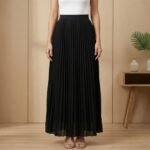 Black High-Waist Pleated Maxi Skirt – Flowy A-Line Elegant Long Skirt