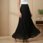 Black High-Waist Pleated Maxi Skirt – Flowy A-Line Elegant Long Skirt - Image 2