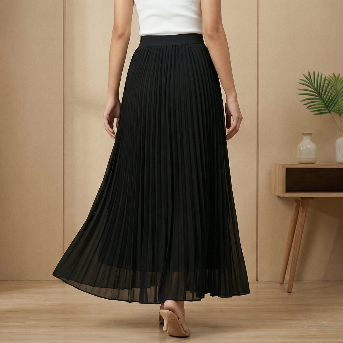 Black High-Waist Pleated Maxi Skirt – Flowy A-Line Elegant Long Skirt - Image 3