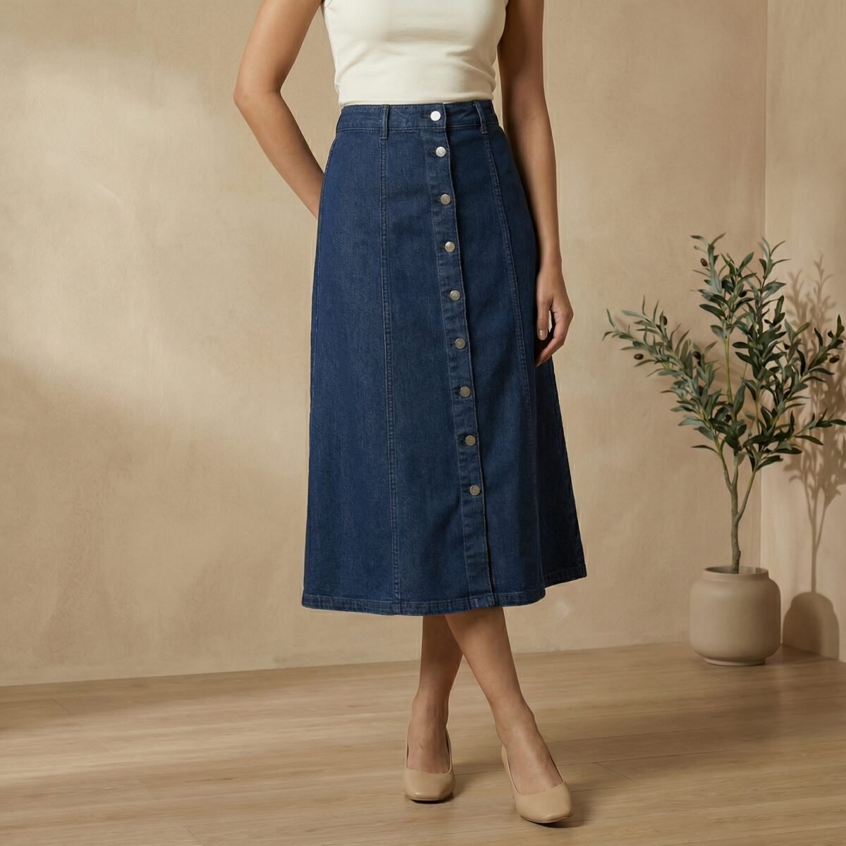 Dark Indigo Button-Front A-Line Denim Midi Skirt - Image 2