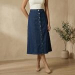 Dark Indigo Button-Front A-Line Denim Midi Skirt - Image 2