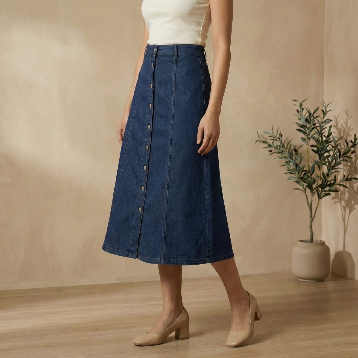 Dark Indigo Button-Front A-Line Denim Midi Skirt - Image 4