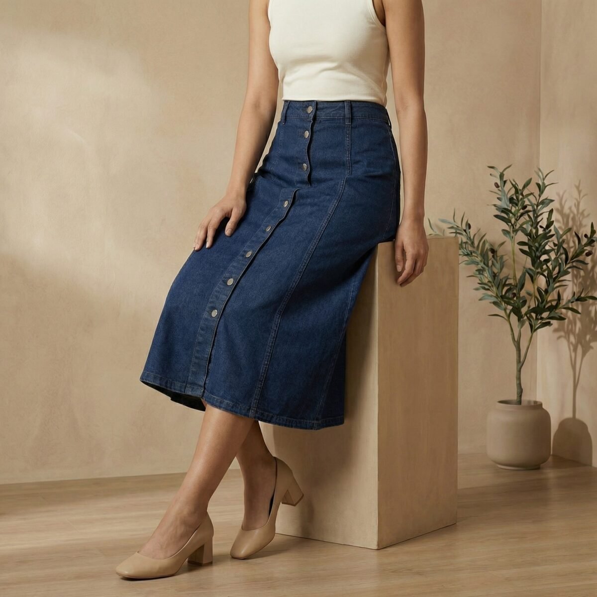 Dark Indigo Button-Front A-Line Denim Midi Skirt - Image 3