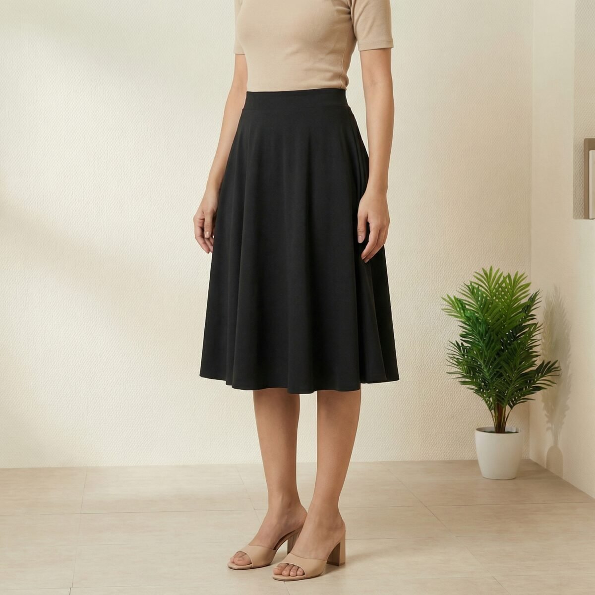 Black Flared Midi Skirt – Premium A-Line Knee Length - Image 4