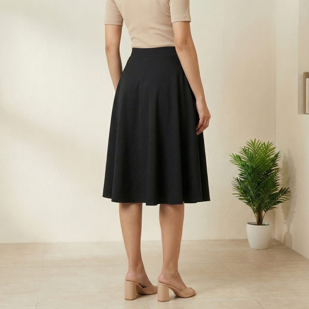 Black Flared Midi Skirt – Premium A-Line Knee Length - Image 2