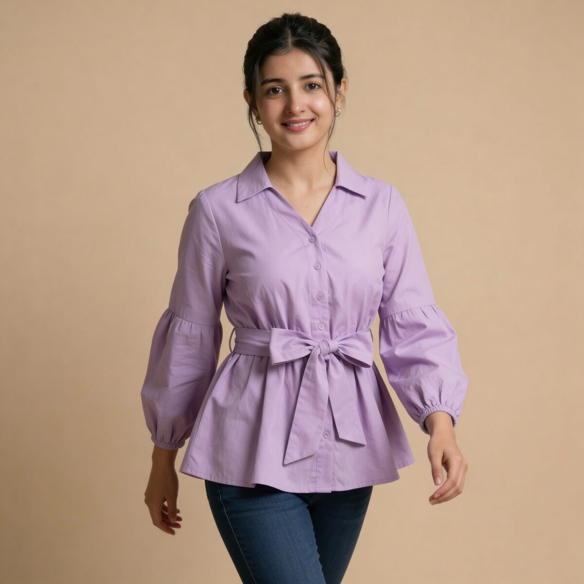 Lavender Tie-Waist Top with Puff Sleeves for Girl & Women - Image 4