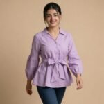 Lavender Tie-Waist Top with Puff Sleeves for Girl & Women - Image 4