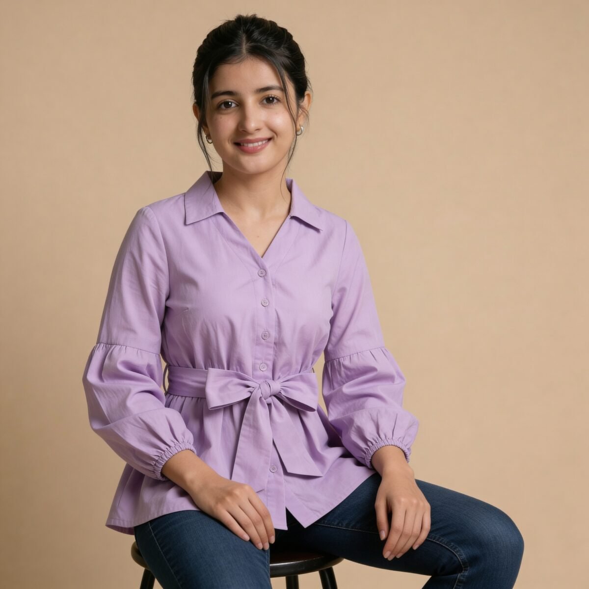 Lavender Tie-Waist Top with Puff Sleeves for Girl & Women - Image 3