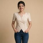 Beige Wrap Style Short Sleeve Top for Girl & Women