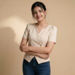 Beige Wrap Style Short Sleeve Top for Girl & Women - Image 2