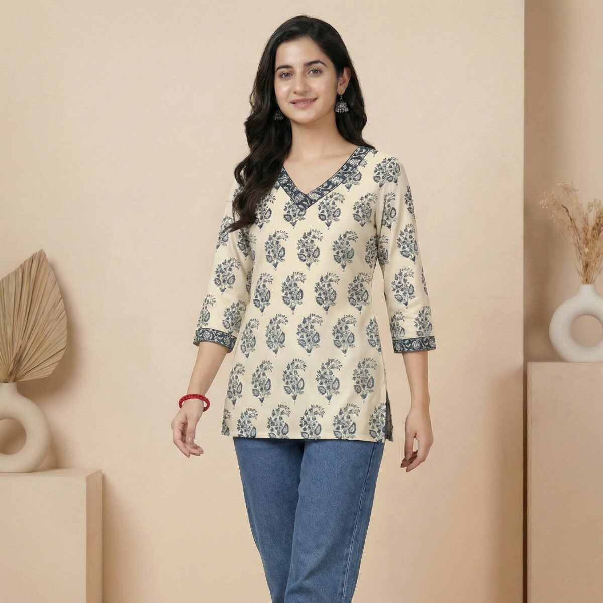 Beige Floral Print Tunic Top with Contrast Neckline - Image 4