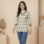 Beige Floral Print Tunic Top with Contrast Neckline - Image 4