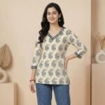 Beige Floral Print Tunic Top with Contrast Neckline