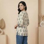 Beige Floral Print Tunic Top with Contrast Neckline - Image 2