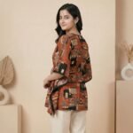 Rust Abstract Print Kaftan Top with Waist Tie-Up - Image 4