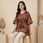 Rust Abstract Print Kaftan Top with Waist Tie-Up - Image 3