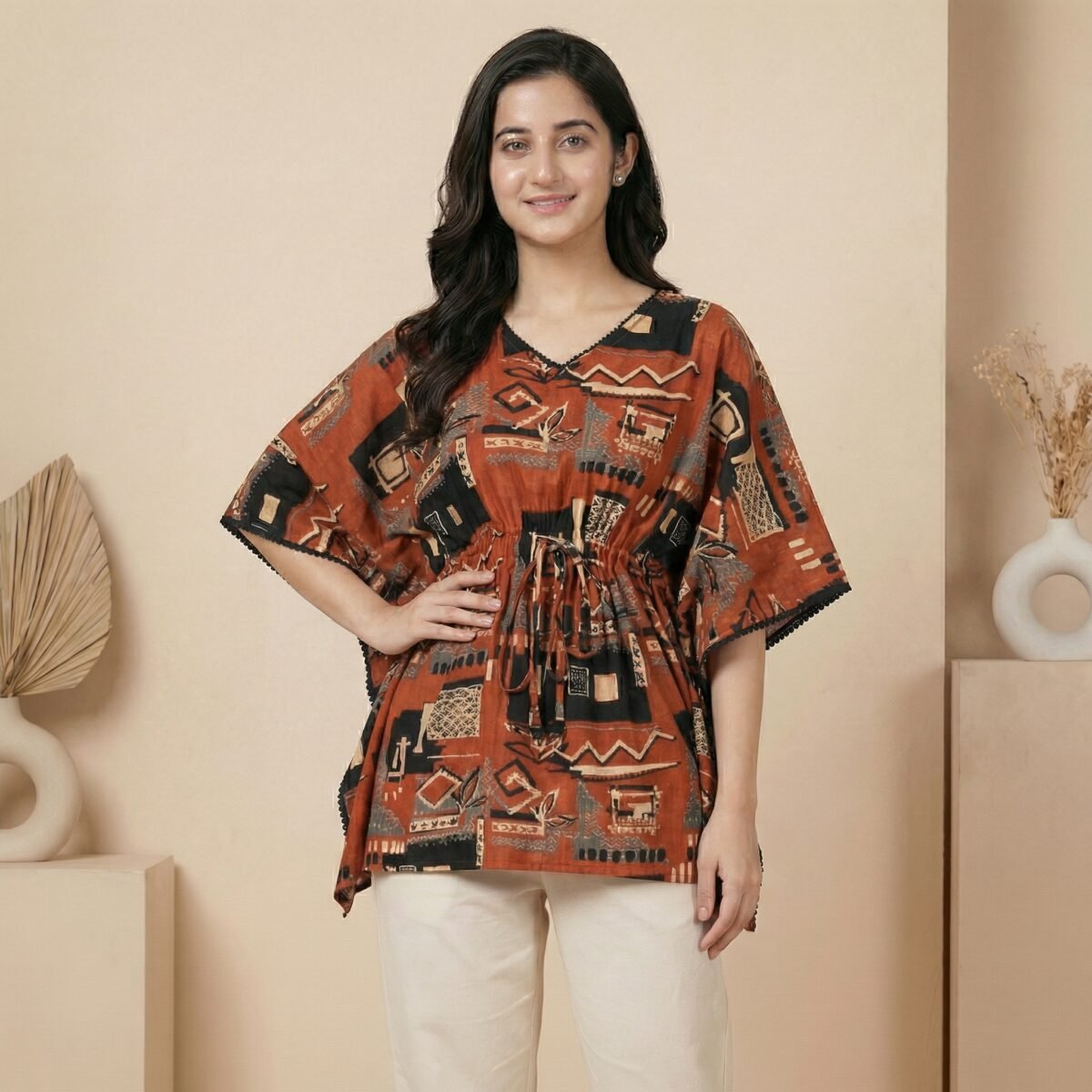 Rust Abstract Print Kaftan Top with Waist Tie-Up - Image 2
