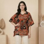 Rust Abstract Print Kaftan Top with Waist Tie-Up - Image 2