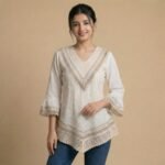 Elegant Beige Lace V-Neck Top with Crochet Hem & Bell Sleeves