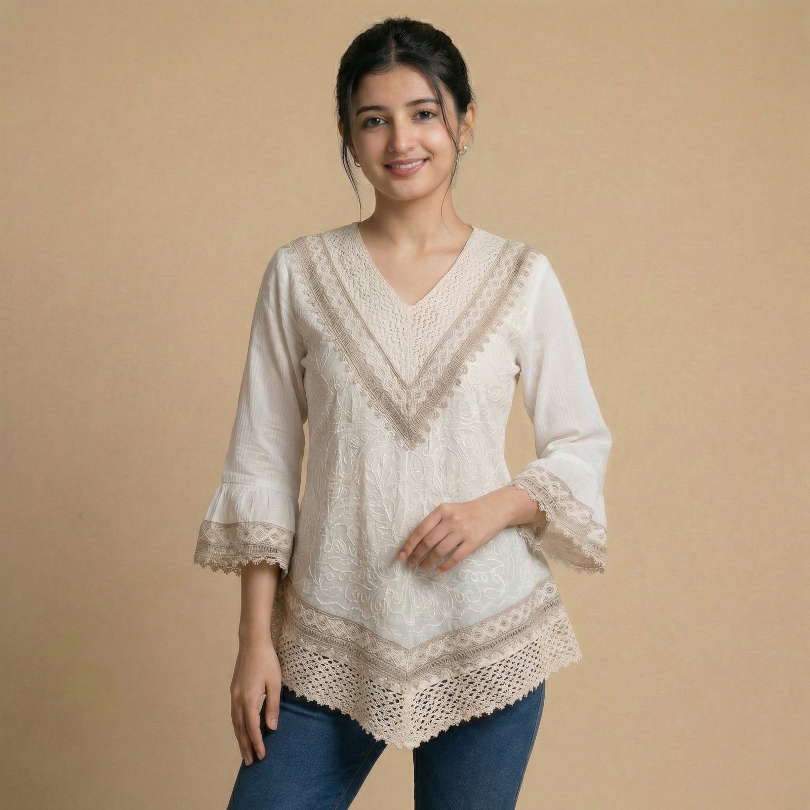 hf_20260225_043038_bedaf586-6d52-438e-8e52-0e9b9d2a7b02 Elegant Beige Lace V-Neck Top with Crochet Hem & Bell Sleeves - Image 1