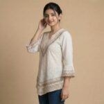 Elegant Beige Lace V-Neck Top with Crochet Hem & Bell Sleeves - Image 4