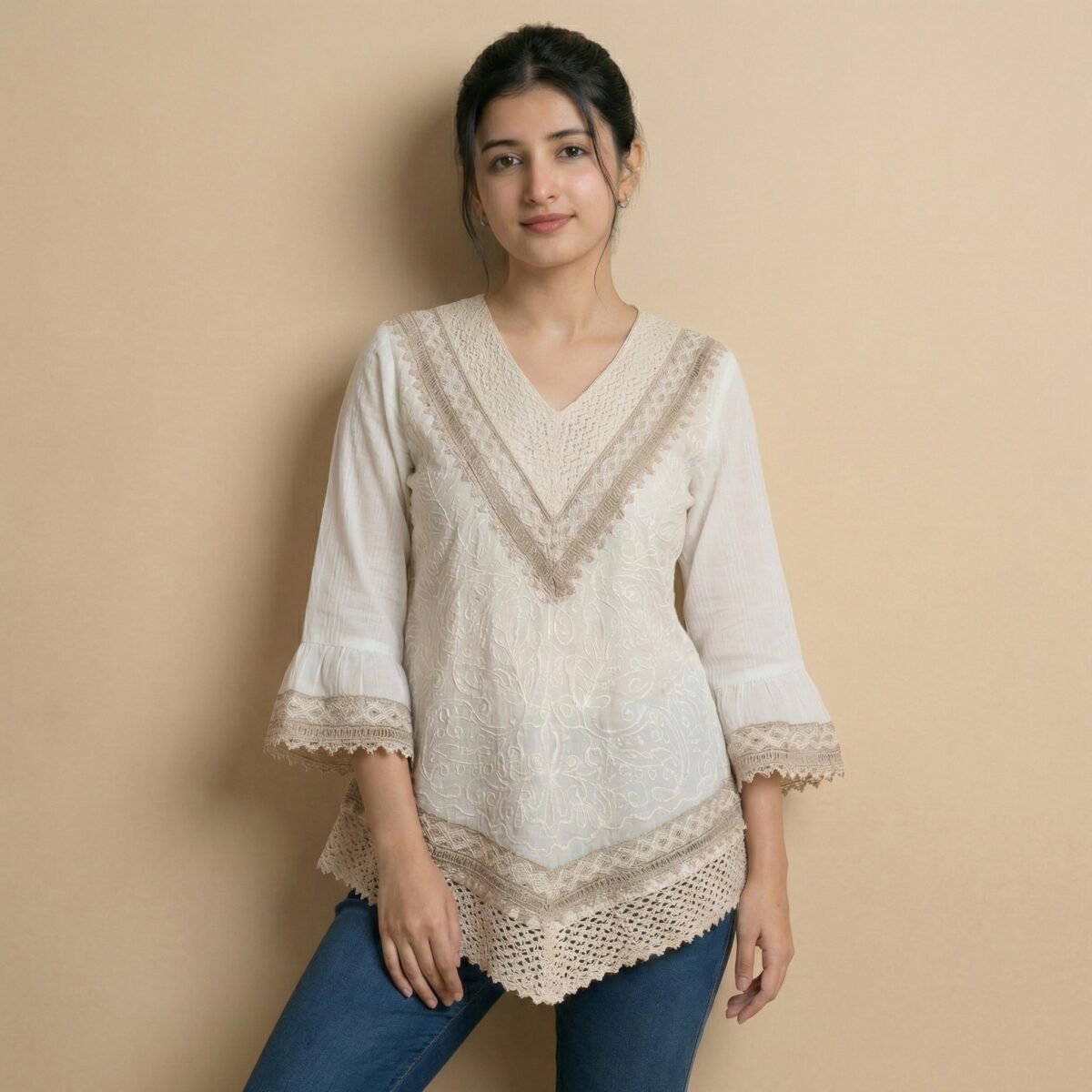 Elegant Beige Lace V-Neck Top with Crochet Hem & Bell Sleeves - Image 3