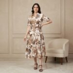 Cream Tropical Leaf Print Midi Shirt Dress with Waist Tie - Image 4