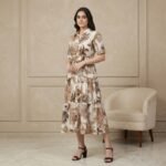 Cream Tropical Leaf Print Midi Shirt Dress with Waist Tie - Image 2