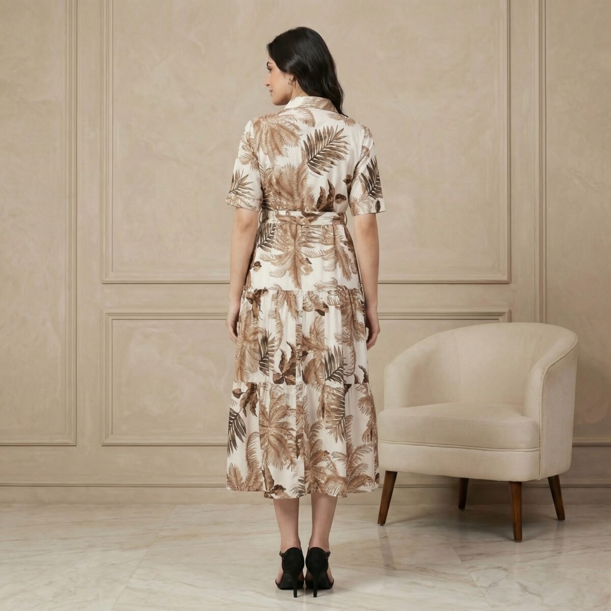 Cream Tropical Leaf Print Midi Shirt Dress with Waist Tie - Image 3