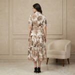 Cream Tropical Leaf Print Midi Shirt Dress with Waist Tie - Image 3