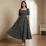 Black Floral Print Cotton Flared Maxi Dress for Women – Puff Sleeve Square Neck - Image 2