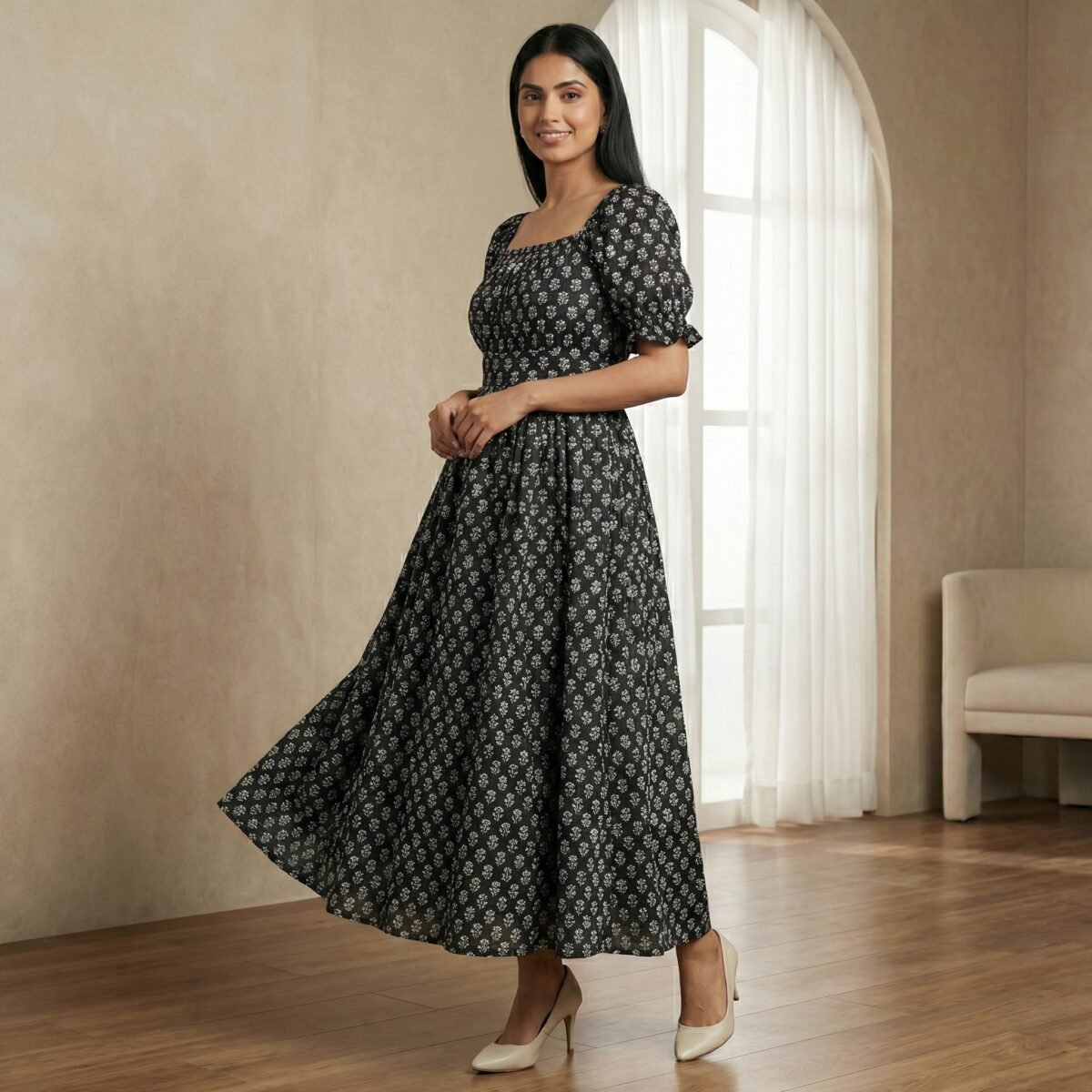 Black Floral Print Cotton Flared Maxi Dress for Women – Puff Sleeve Square Neck - Image 4