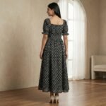 Black Floral Print Cotton Flared Maxi Dress for Women – Puff Sleeve Square Neck - Image 3