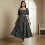 Black Floral Print Cotton Flared Maxi Dress for Women – Puff Sleeve Square Neck