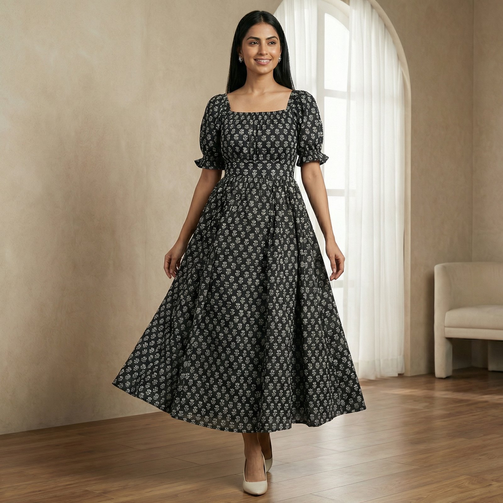 hf_20260225_051017_d71939a3-0fc2-4bb9-a104-24ecc2d44db3 Black Floral Print Cotton Flared Maxi Dress for Women – Puff Sleeve Square Neck - Image 1