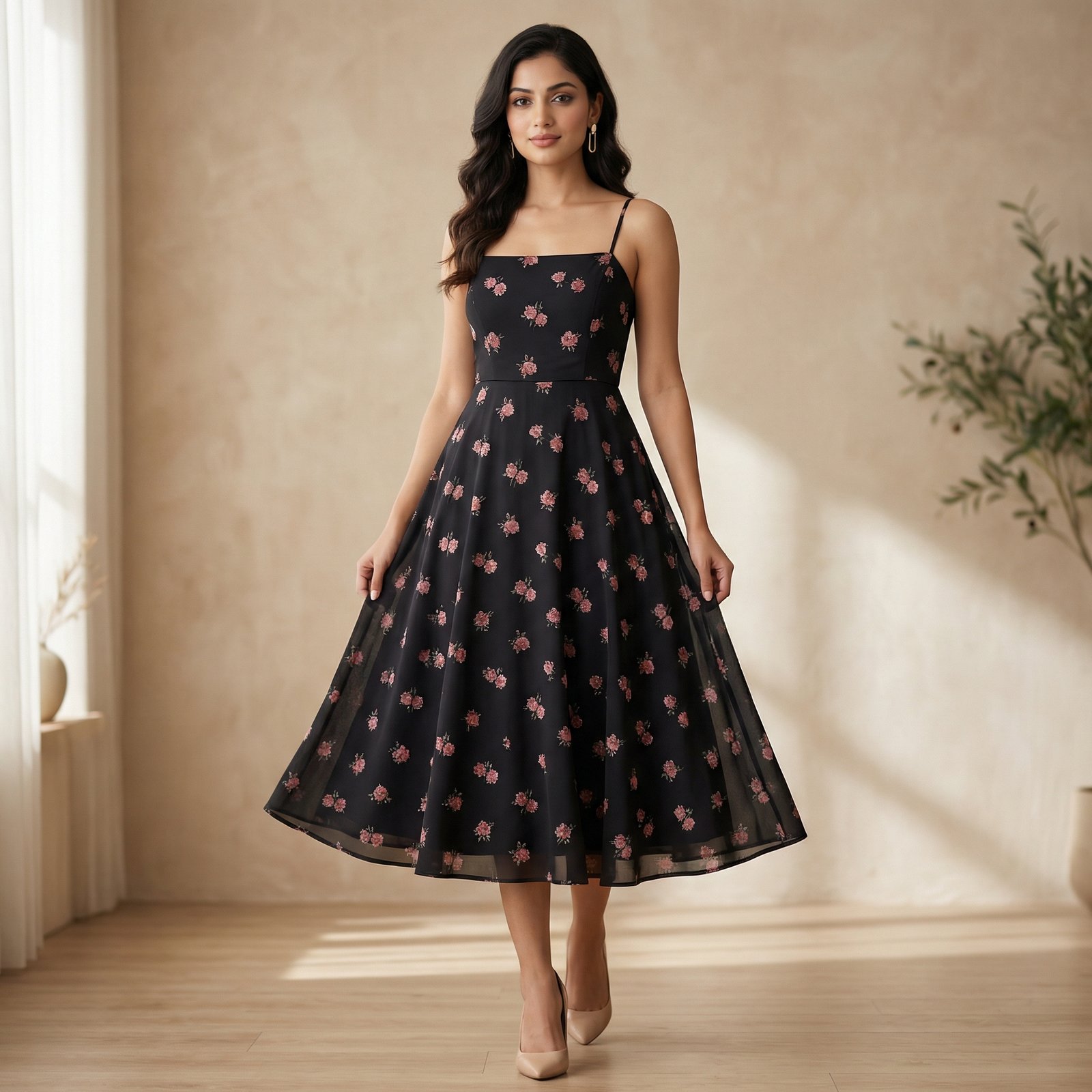 hf_20260225_052726_8d0f6d33-f110-4120-98ab-5d04bb6d3727 Black Floral Print Crepe Midi Dress – Square Neck Fit & Flare - Image 1